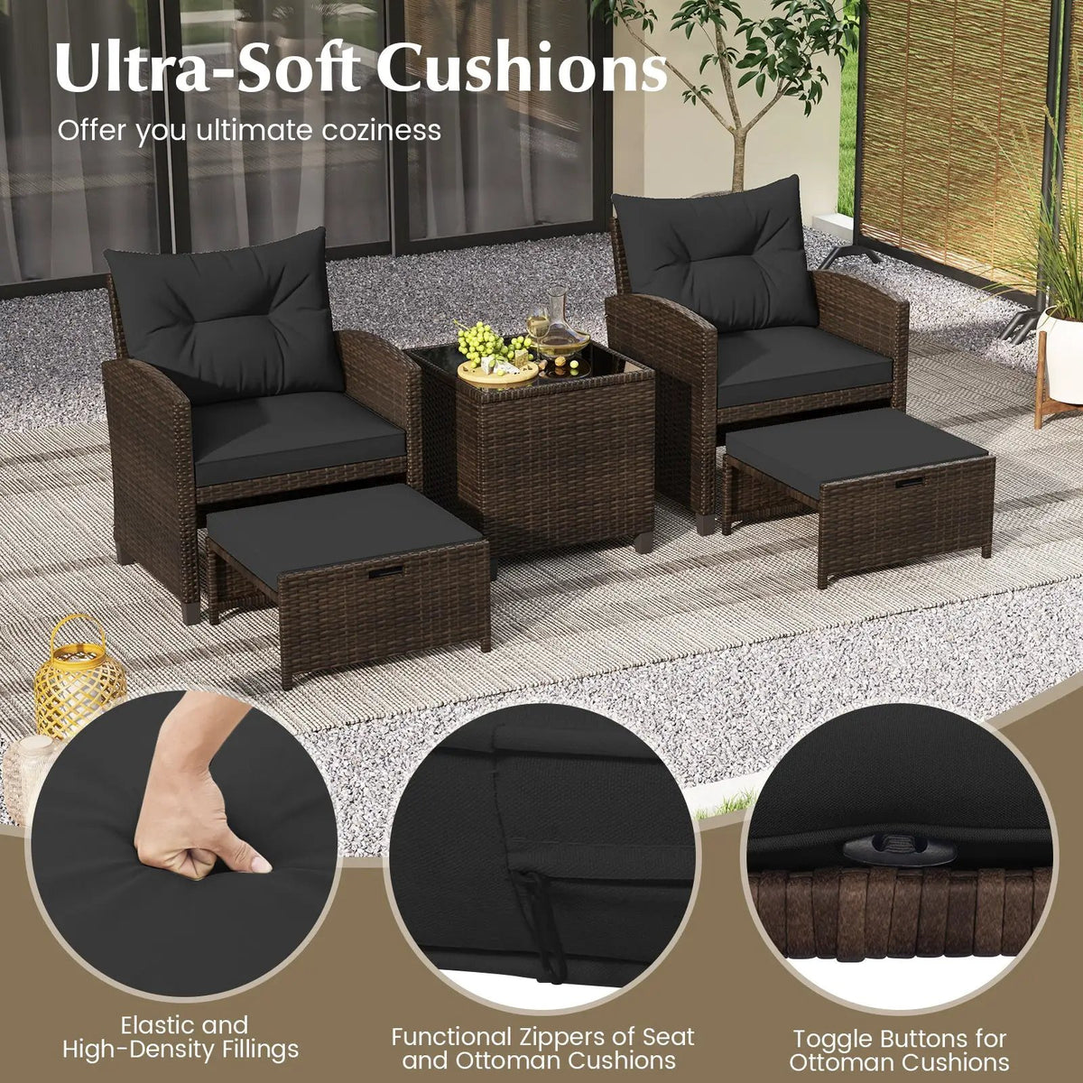 5 Pieces Patio Rattan Furniture with 2 Ottomans and Tempered Glass Coffee Table-Red, photo 40 of 50