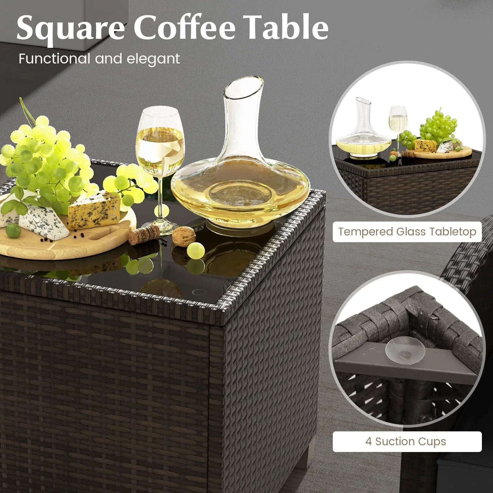 5 Pieces Patio Rattan Furniture with 2 Ottomans and Tempered Glass Coffee Table-Red by DirectDeals