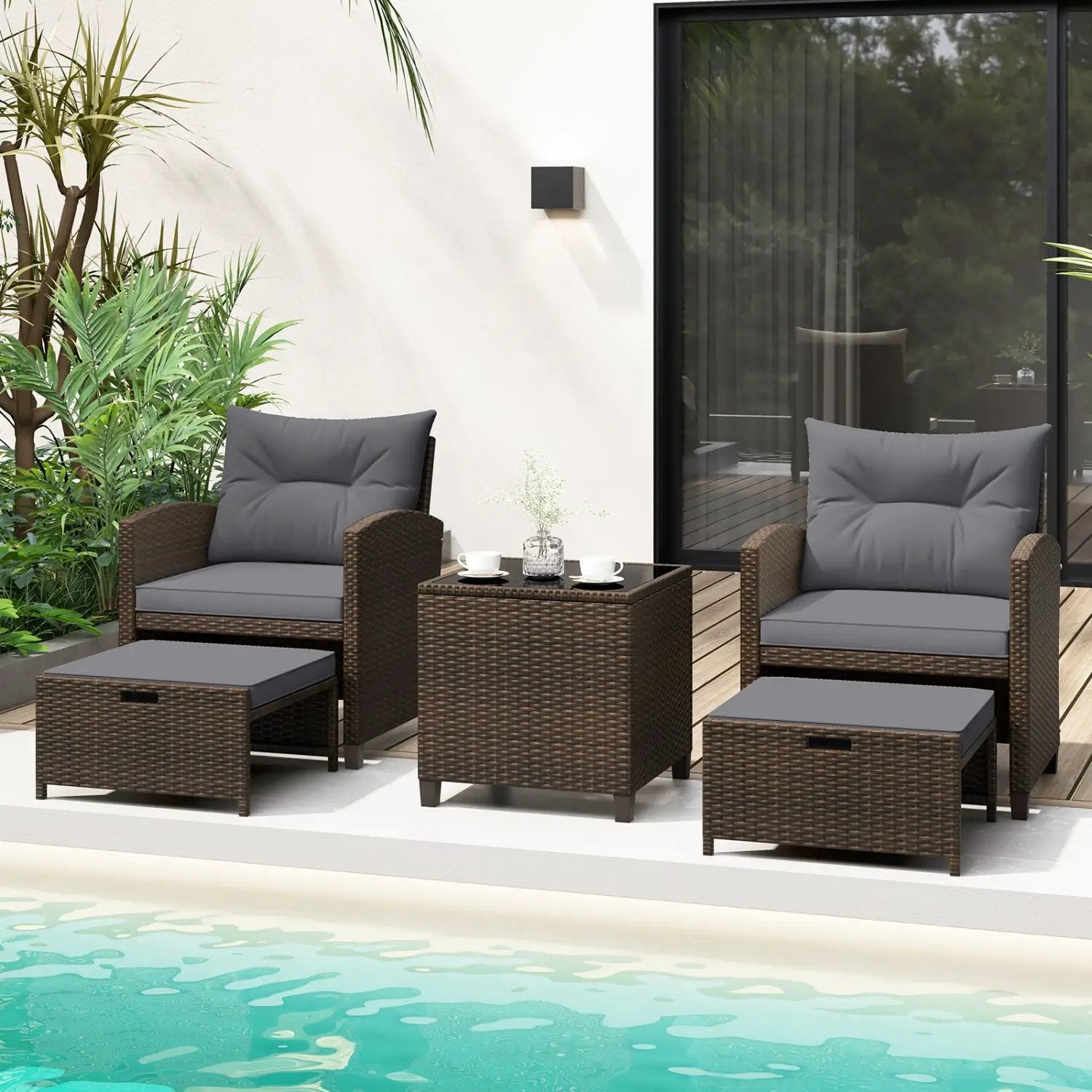 5 Pieces Patio Rattan Furniture with 2 Ottomans and Tempered Glass Coffee Table-Red by DirectDeals