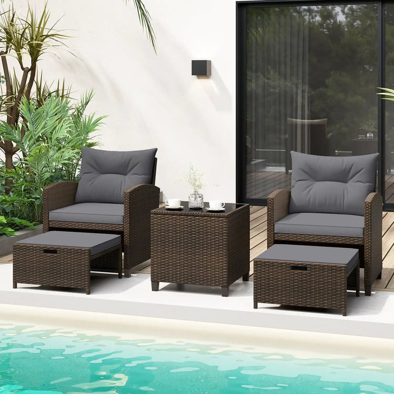 5 Pieces Patio Rattan Furniture with 2 Ottomans and Tempered Glass Coffee Table-Red by DirectDeals