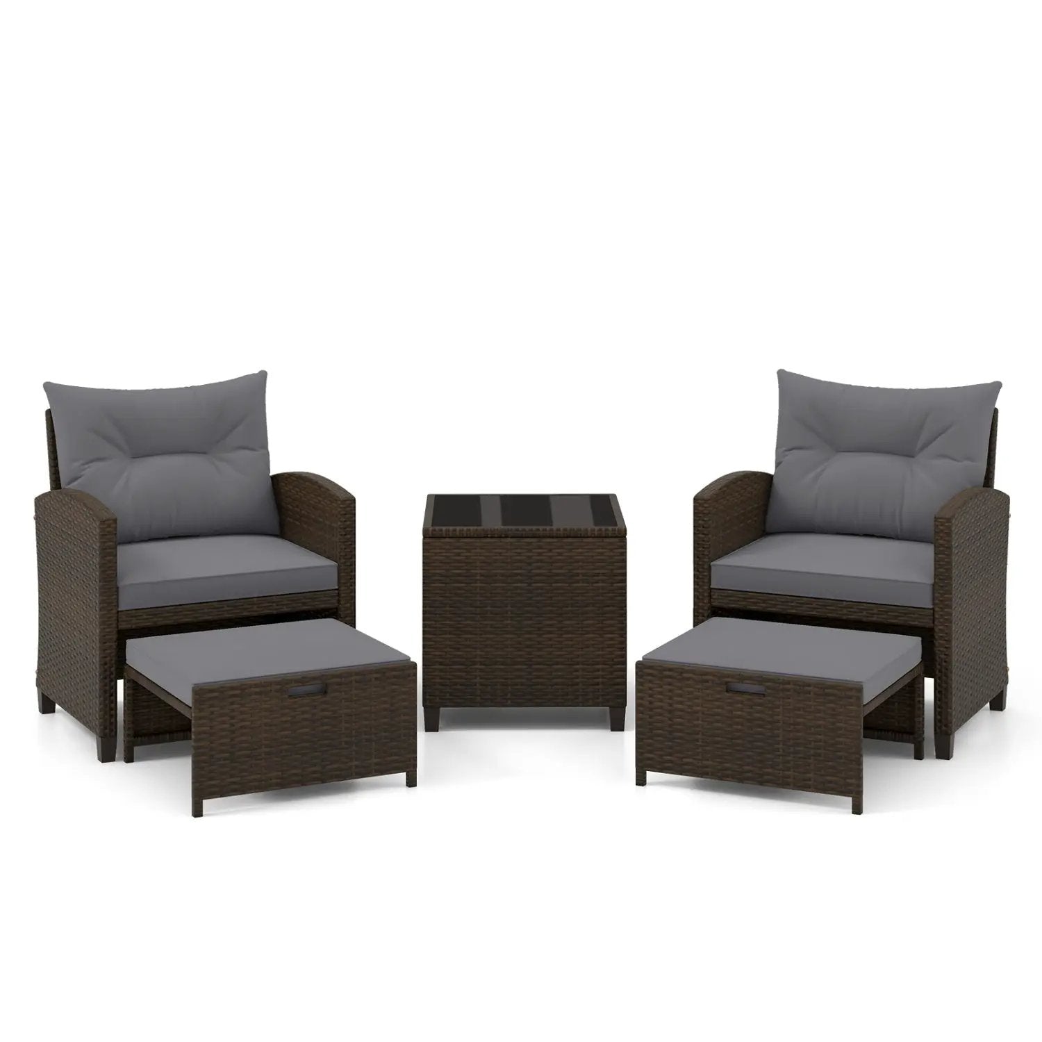 5 Pieces Patio Rattan Furniture with 2 Ottomans and Tempered Glass Coffee Table-Red by DirectDeals