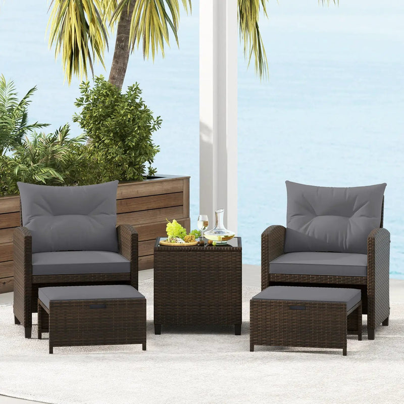 5 Pieces Patio Rattan Furniture with 2 Ottomans and Tempered Glass Coffee Table-Red by DirectDeals