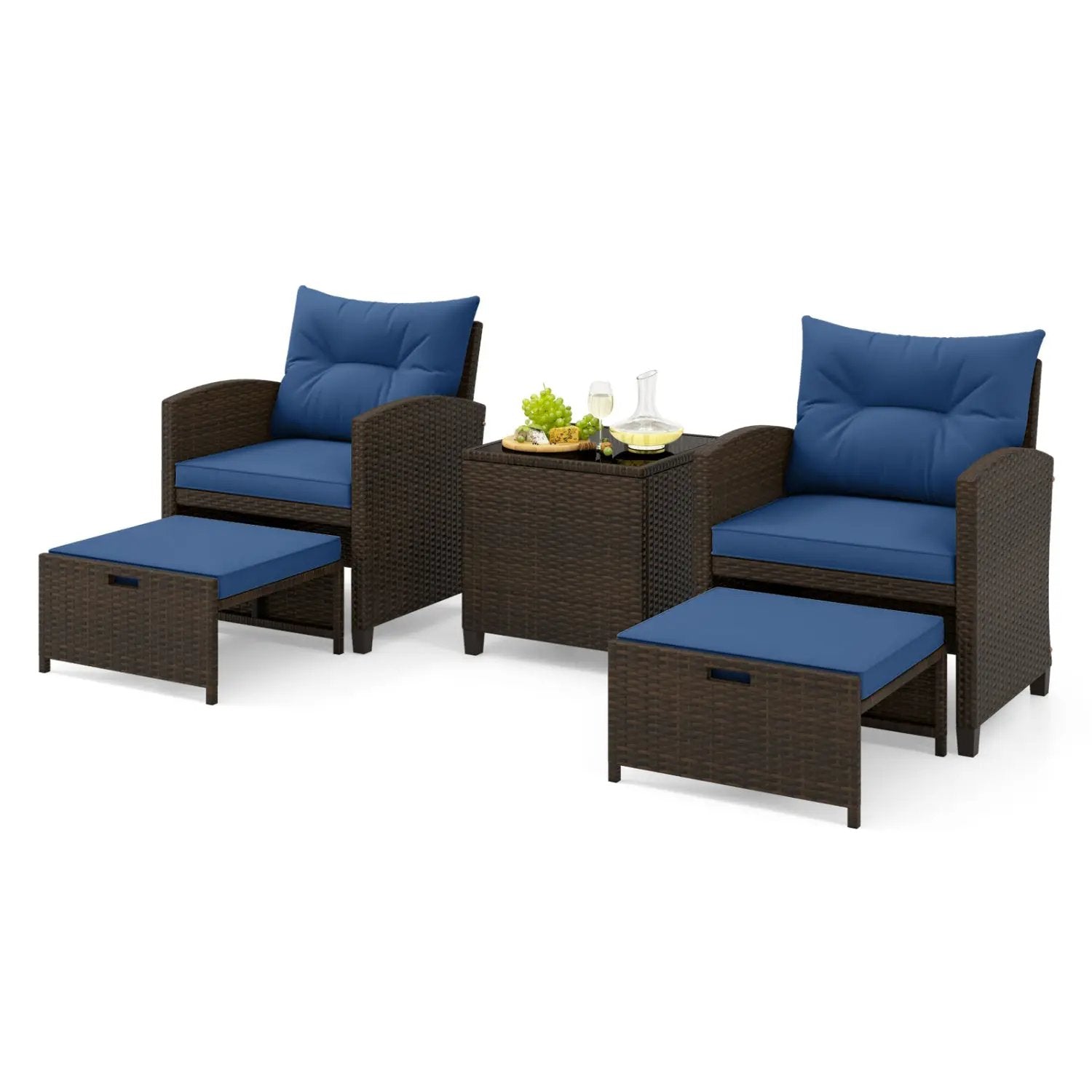5 Pieces Patio Rattan Furniture with 2 Ottomans and Tempered Glass Coffee Table-Red by DirectDeals