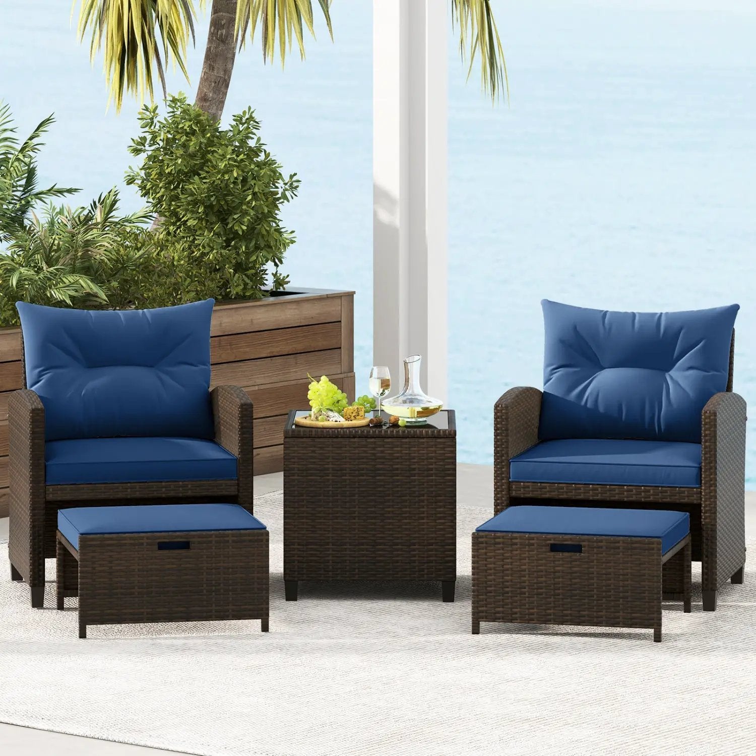 5 Pieces Patio Rattan Furniture with 2 Ottomans and Tempered Glass Coffee Table-Red by DirectDeals