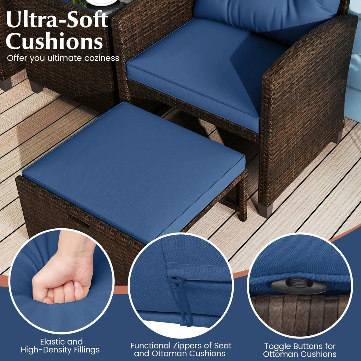 5 Pieces Patio Rattan Furniture with 2 Ottomans and Tempered Glass Coffee Table-Red, photo 33 of 50
