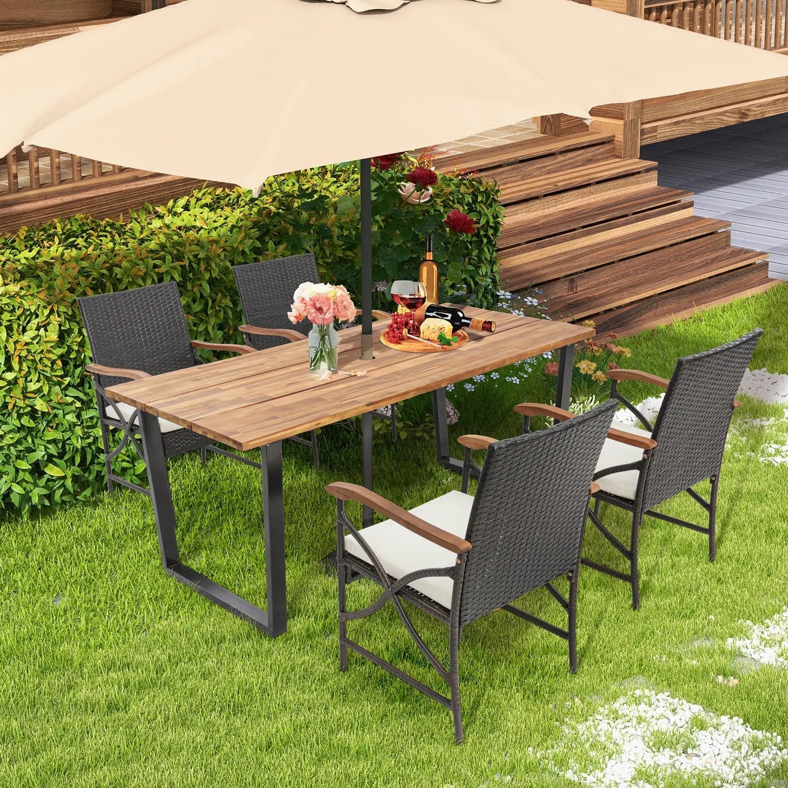 5 Pieces Patio Rattan Dining Set with Acacia Wood Tabletop and Armrests by DirectDeals