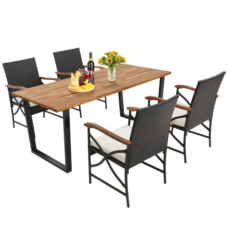 5 Pieces Patio Rattan Dining Set with Acacia Wood Tabletop and Armrests by DirectDeals
