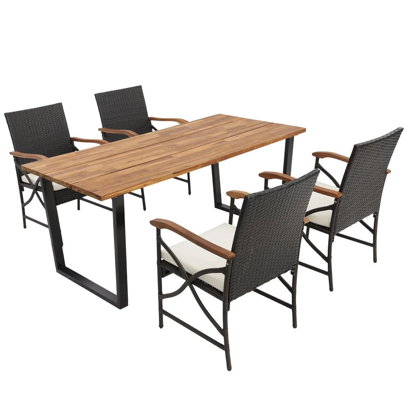 5 Pieces Patio Rattan Dining Set with Acacia Wood Tabletop and Armrests by DirectDeals