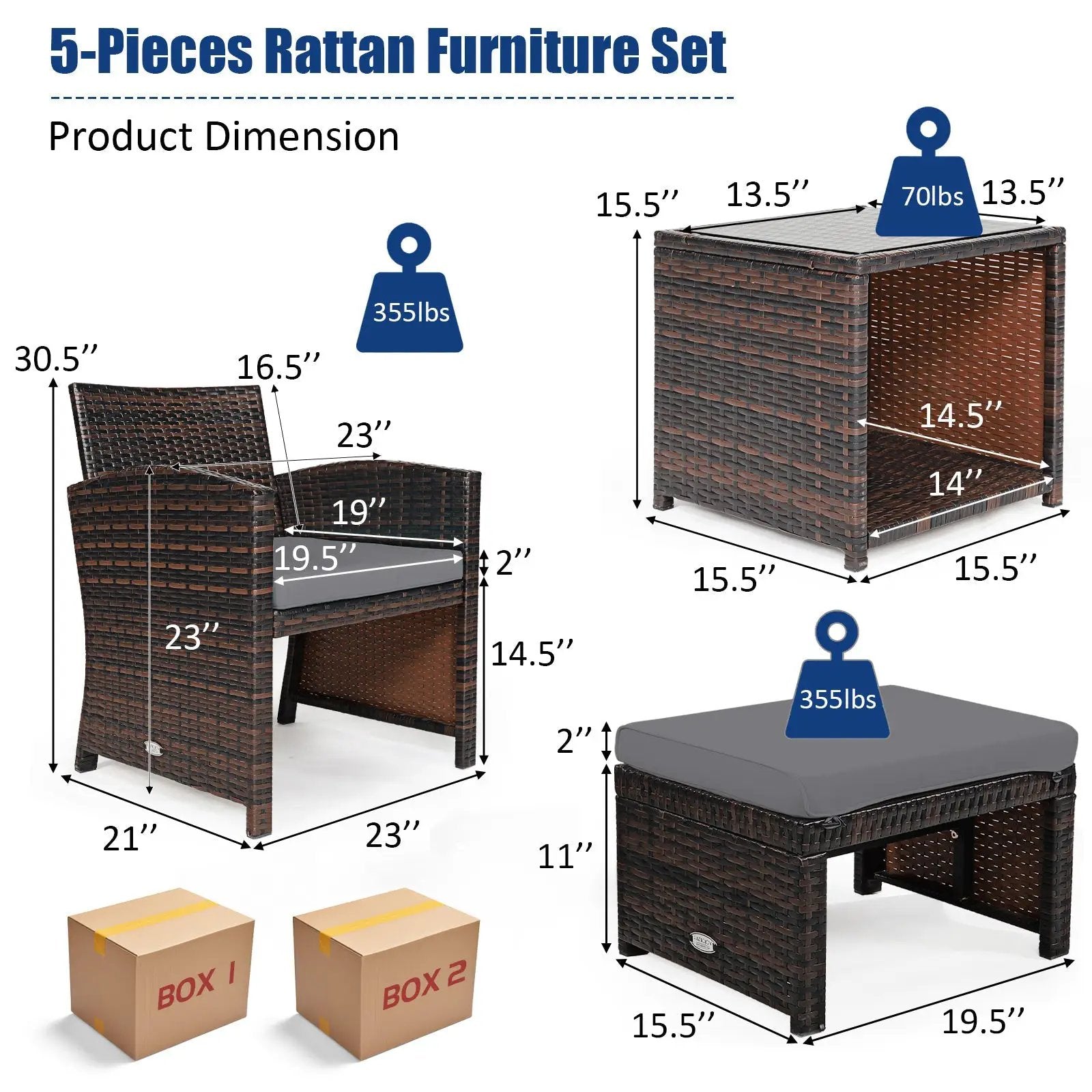 5 Pieces Patio Rattan Furniture Set with Ottoman and Tempered Glass Coffee Table-Gray by DirectDeals