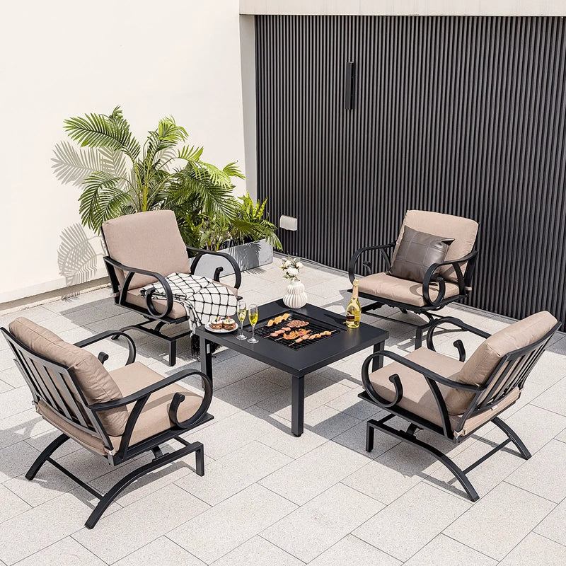 5 Pieces Patio Rocking Chairs and 4-in-1 Fire Pit Table with Fire Poker by DirectDeals
