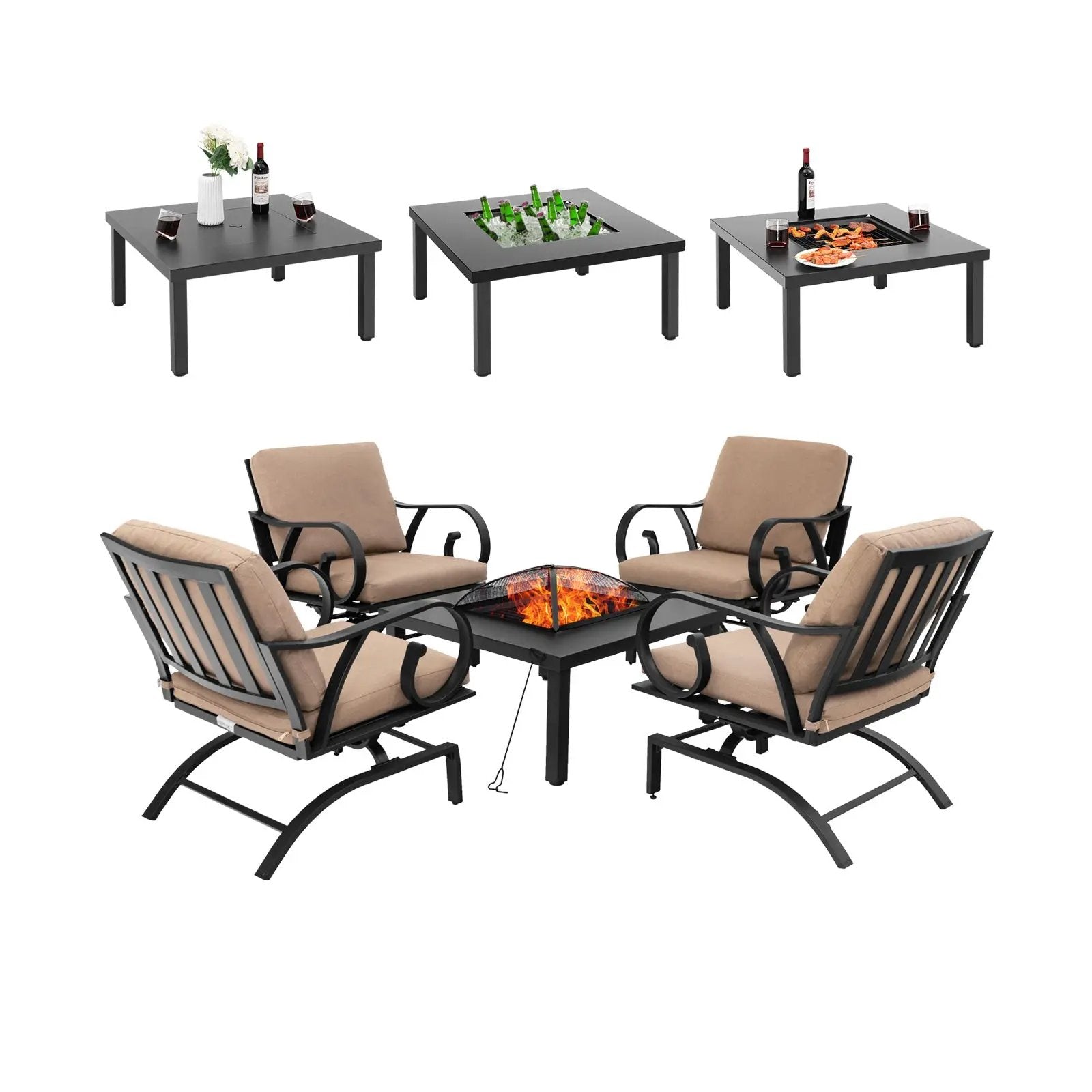 5 Pieces Patio Rocking Chairs and 4-in-1 Fire Pit Table with Fire Poker by DirectDeals