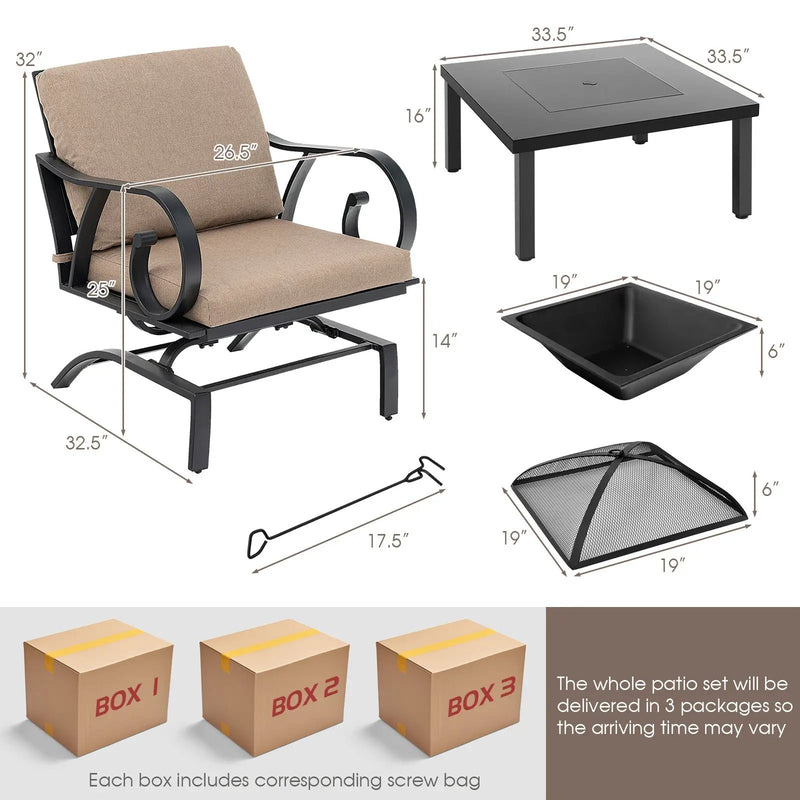 5 Pieces Patio Rocking Chairs and 4-in-1 Fire Pit Table with Fire Poker by DirectDeals