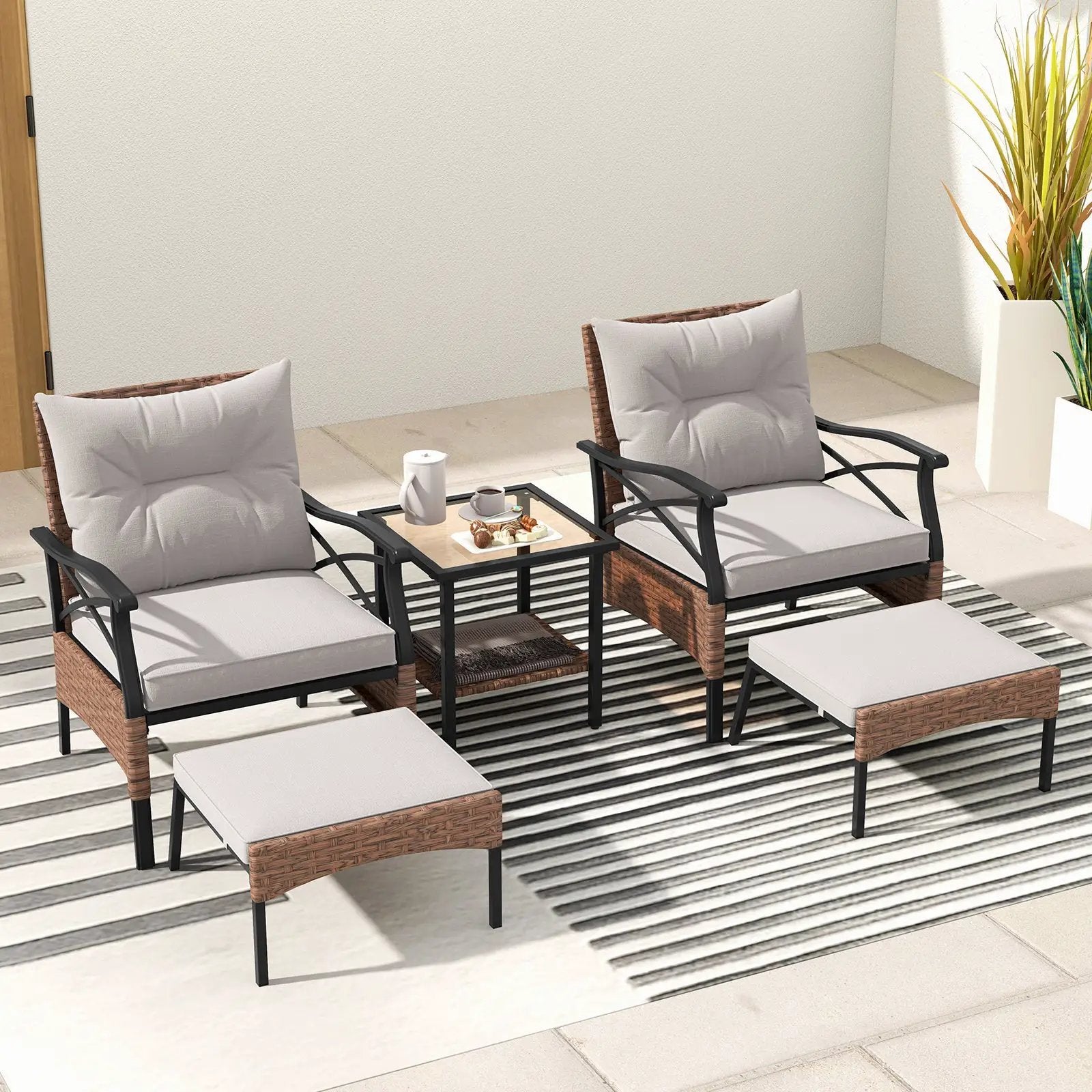 5 Pieces Wicker Patio Furniture Set Ottomans and Cushions and 2-Tier Tempered Glass Side Table-Brown by DirectDeals