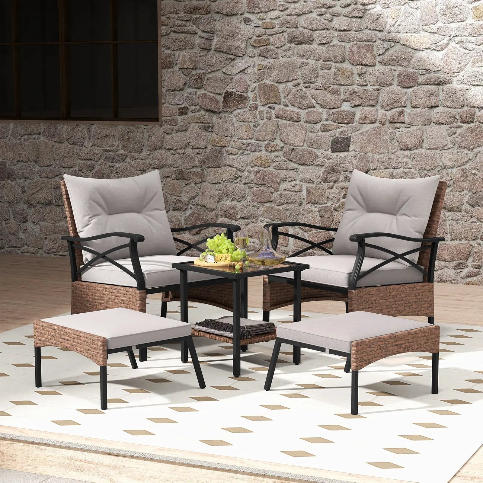 5 Pieces Wicker Patio Furniture Set Ottomans and Cushions and 2-Tier Tempered Glass Side Table-Brown by DirectDeals