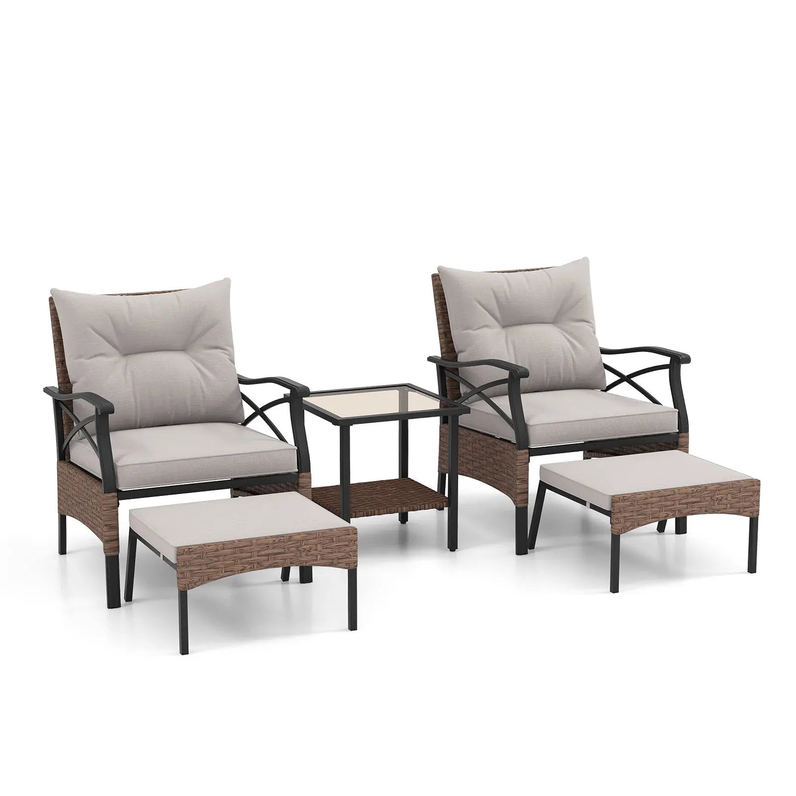 5 Pieces Wicker Patio Furniture Set Ottomans and Cushions and 2-Tier Tempered Glass Side Table-Brown by DirectDeals