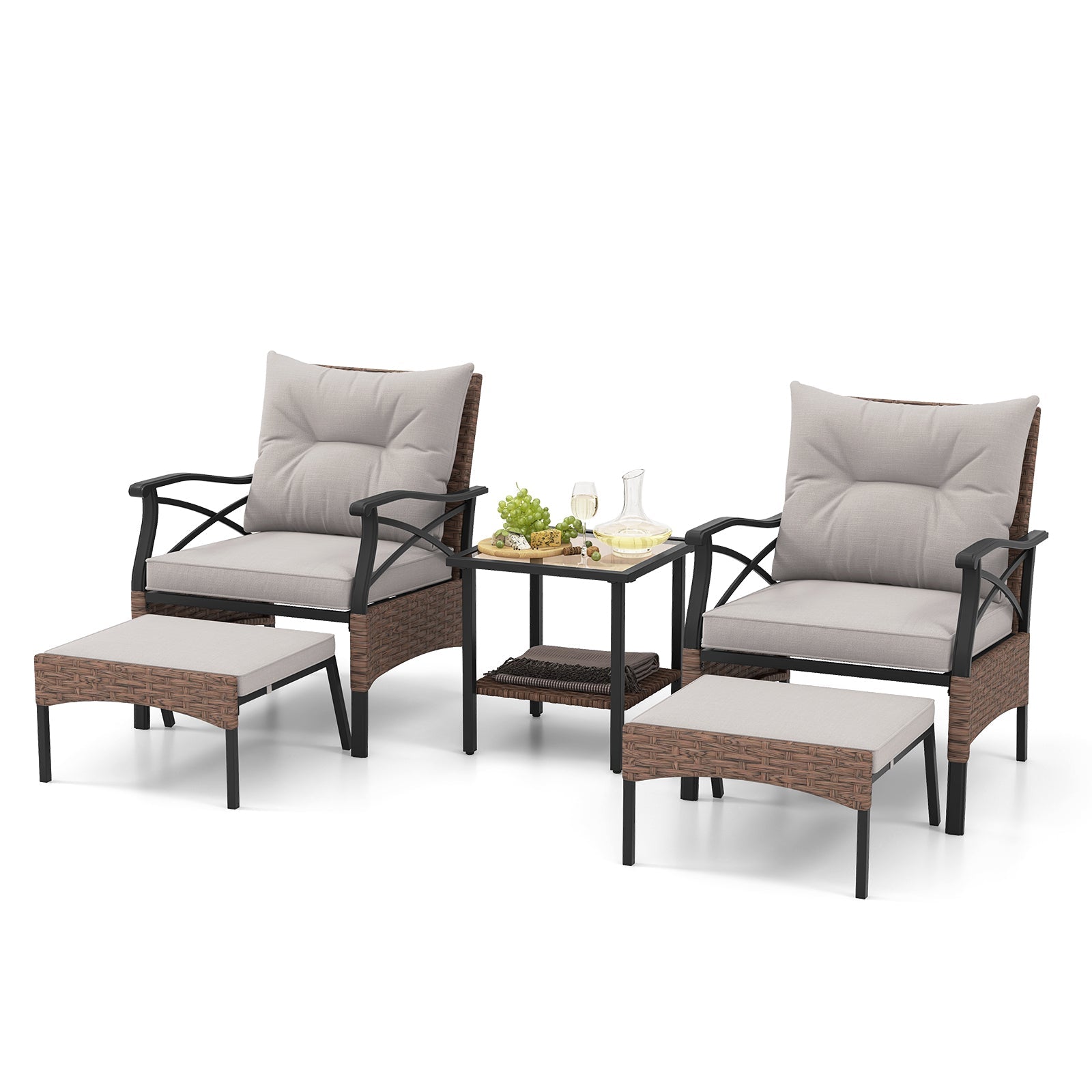 5 Pieces Wicker Patio Furniture Set Ottomans and Cushions and 2-Tier Tempered Glass Side Table-Brown by DirectDeals