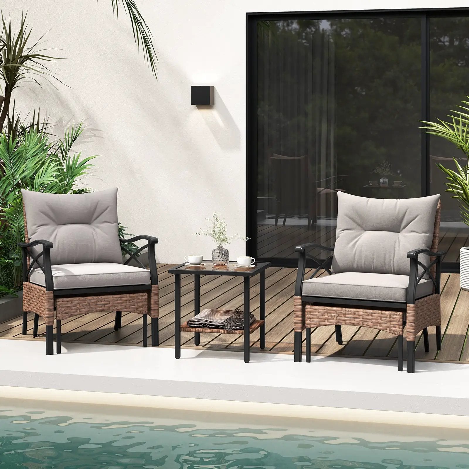 5 Pieces Wicker Patio Furniture Set Ottomans and Cushions and 2-Tier Tempered Glass Side Table-Brown by DirectDeals