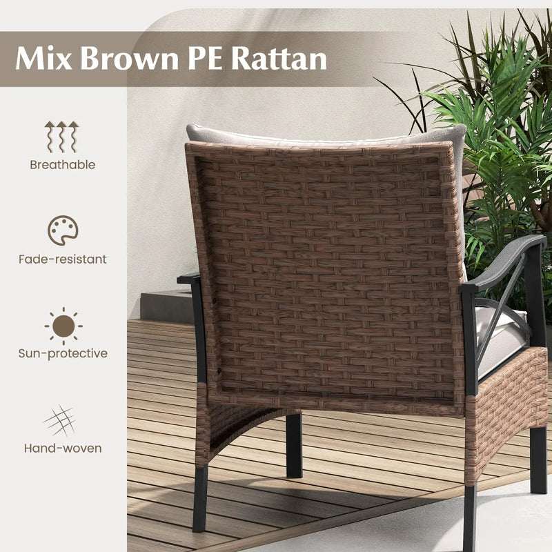 5 Pieces Wicker Patio Furniture Set Ottomans and Cushions and 2-Tier Tempered Glass Side Table-Brown by DirectDeals
