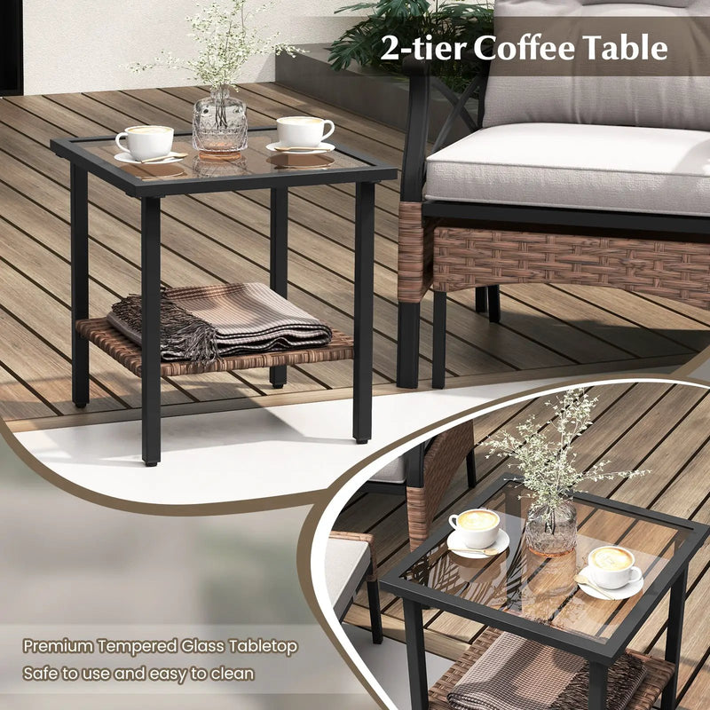 5 Pieces Wicker Patio Furniture Set Ottomans and Cushions and 2-Tier Tempered Glass Side Table-Brown by DirectDeals