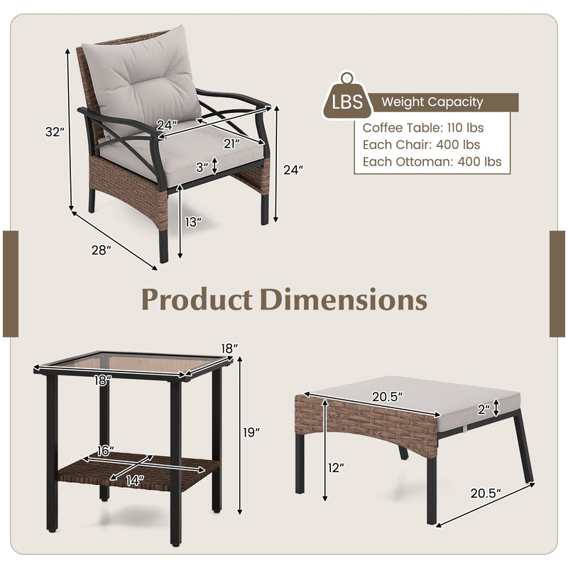 5 Pieces Wicker Patio Furniture Set Ottomans and Cushions and 2-Tier Tempered Glass Side Table-Brown by DirectDeals