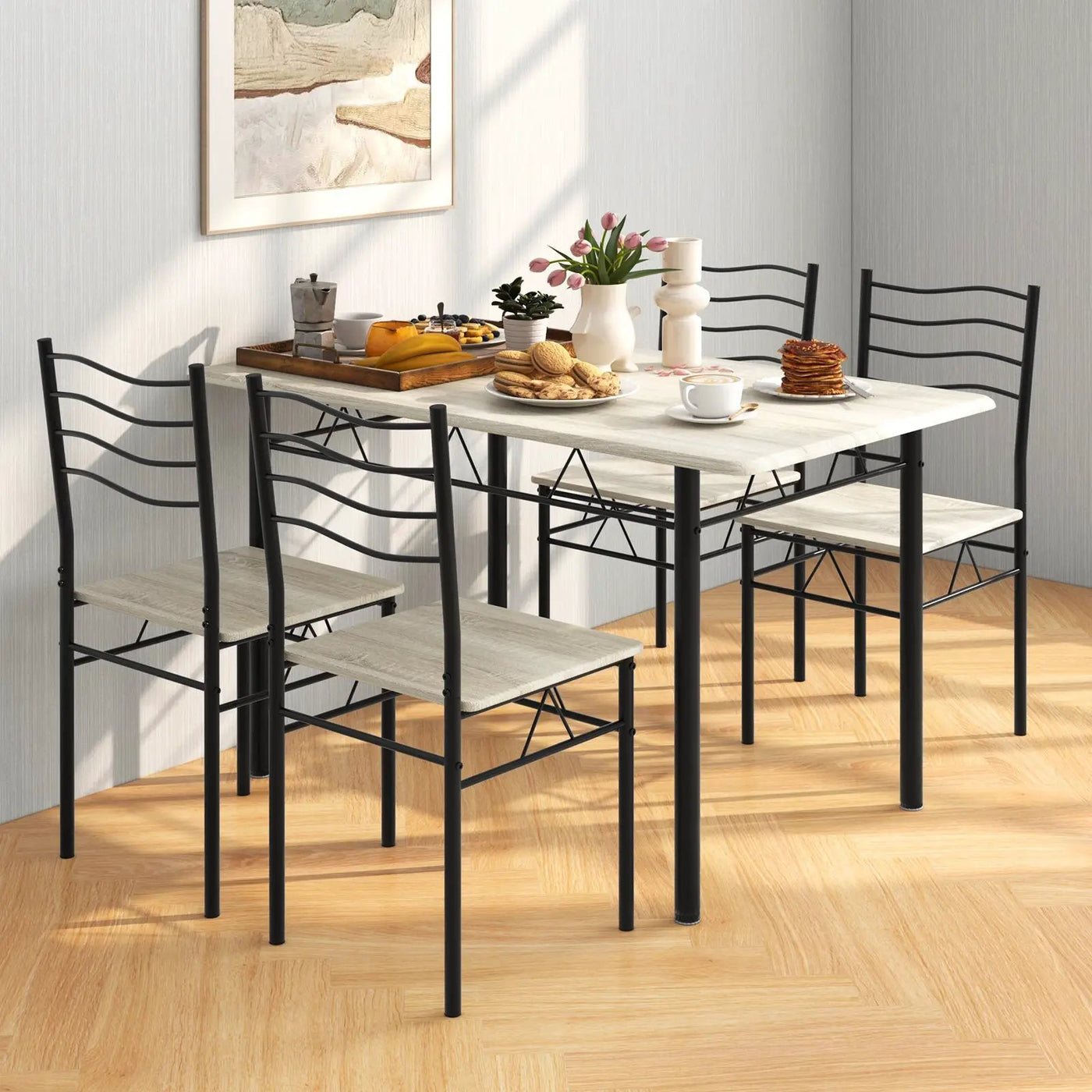 5 Pieces Wood Metal Dining Table Set with 4 Chairs by DirectDeals