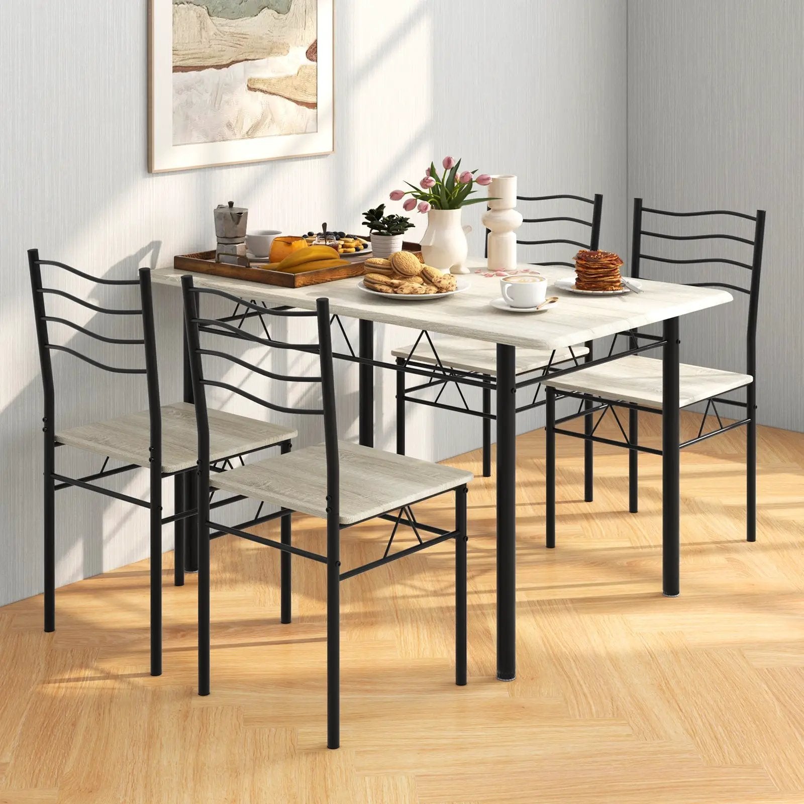 5 Pieces Wood Metal Dining Table Set with 4 Chairs by DirectDeals