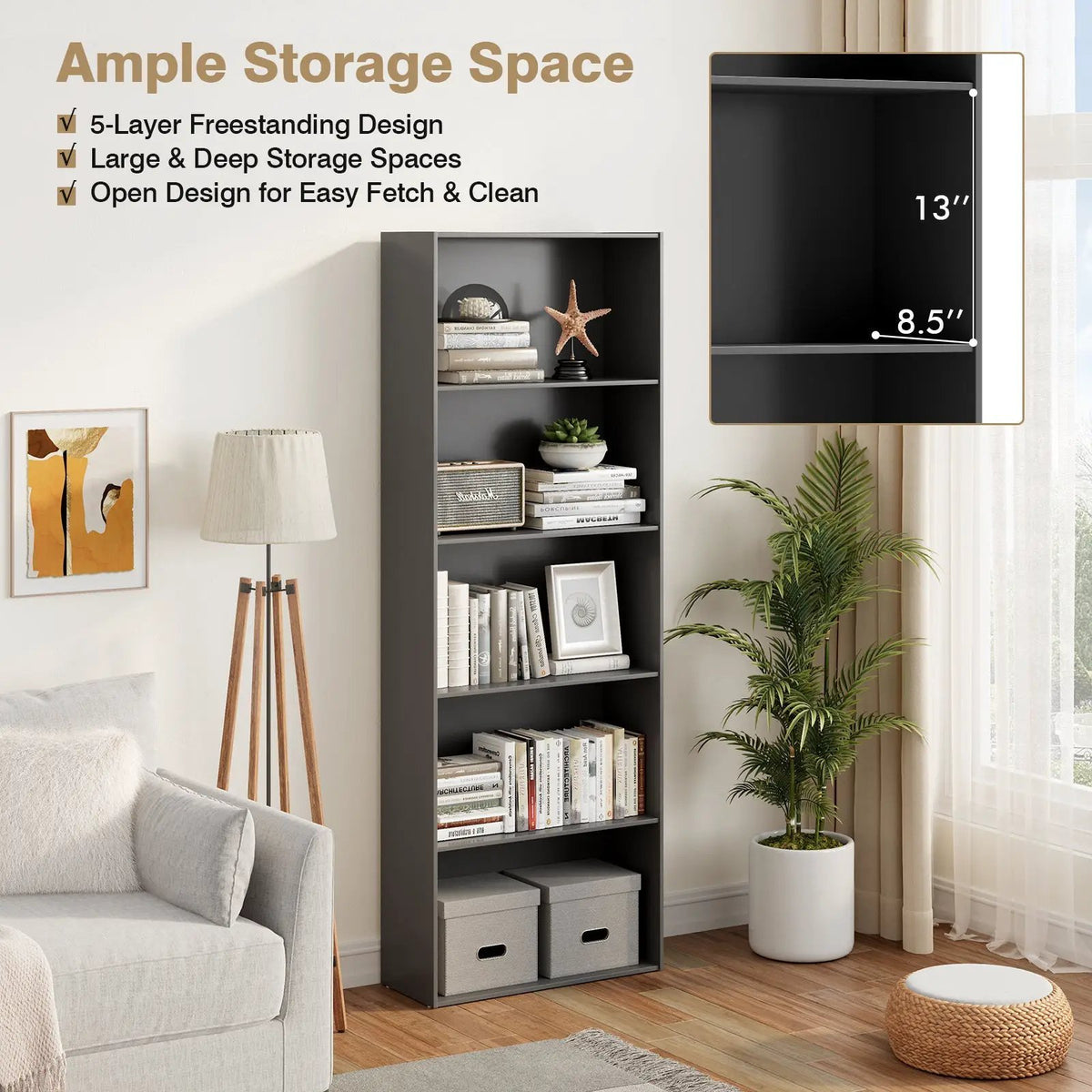 5-Shelf Storage Bookcase Modern Multi-Functional Display Cabinet, photo 6 of 10