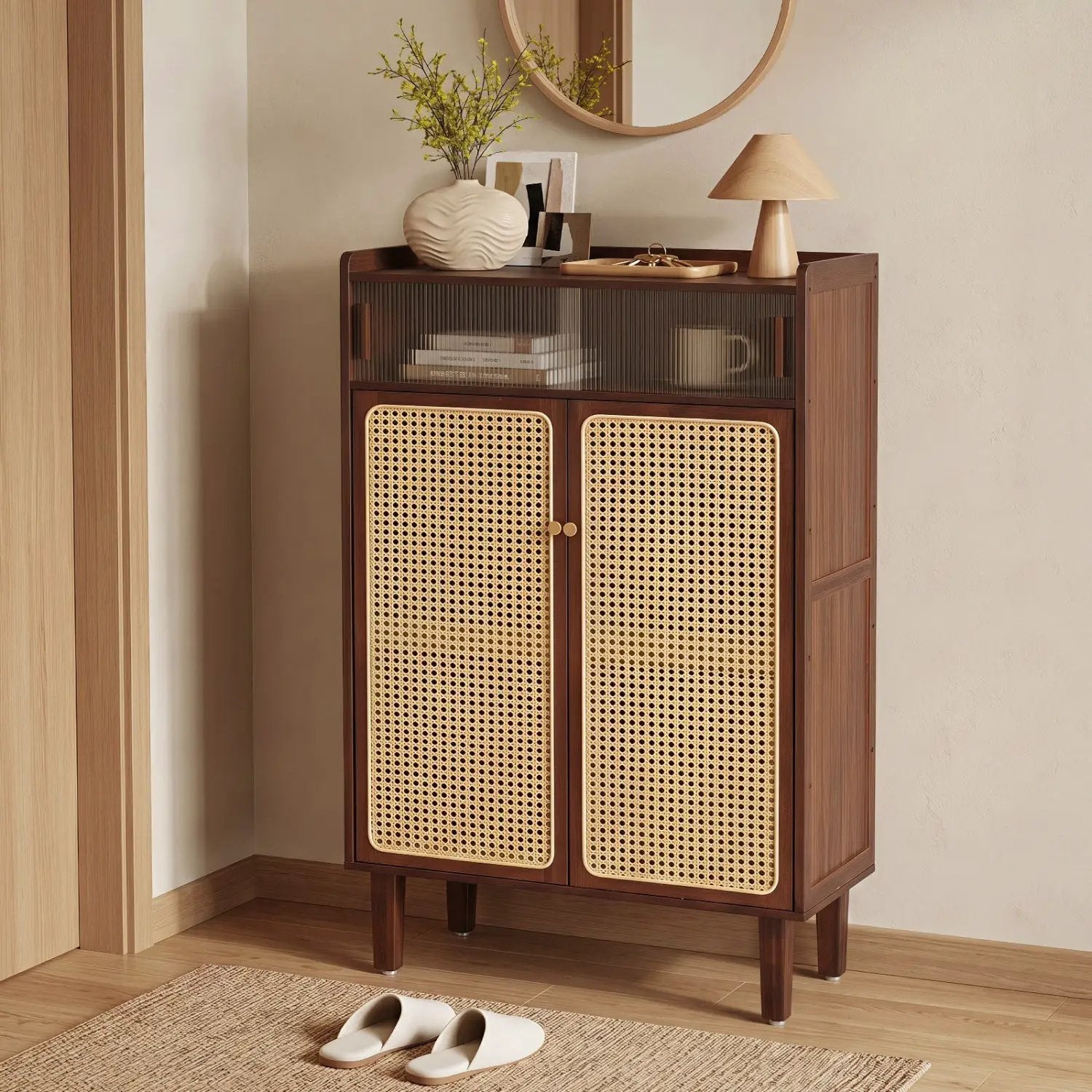 5-Tier Bamboo Shoe Cabinet with Woven Rattan Sliding Doors by DirectDeals