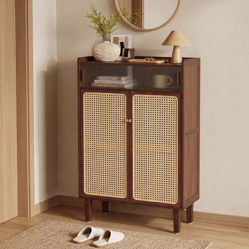 5-Tier Bamboo Shoe Cabinet with Woven Rattan Sliding Doors by DirectDeals