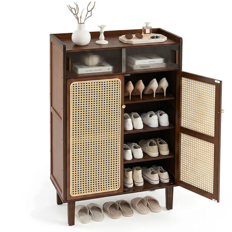 5-Tier Bamboo Shoe Cabinet with Woven Rattan Sliding Doors by DirectDeals