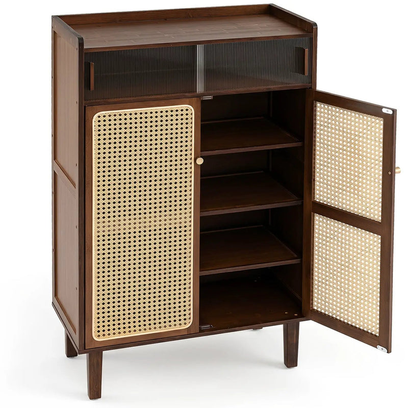 5-Tier Bamboo Shoe Cabinet with Woven Rattan Sliding Doors by DirectDeals