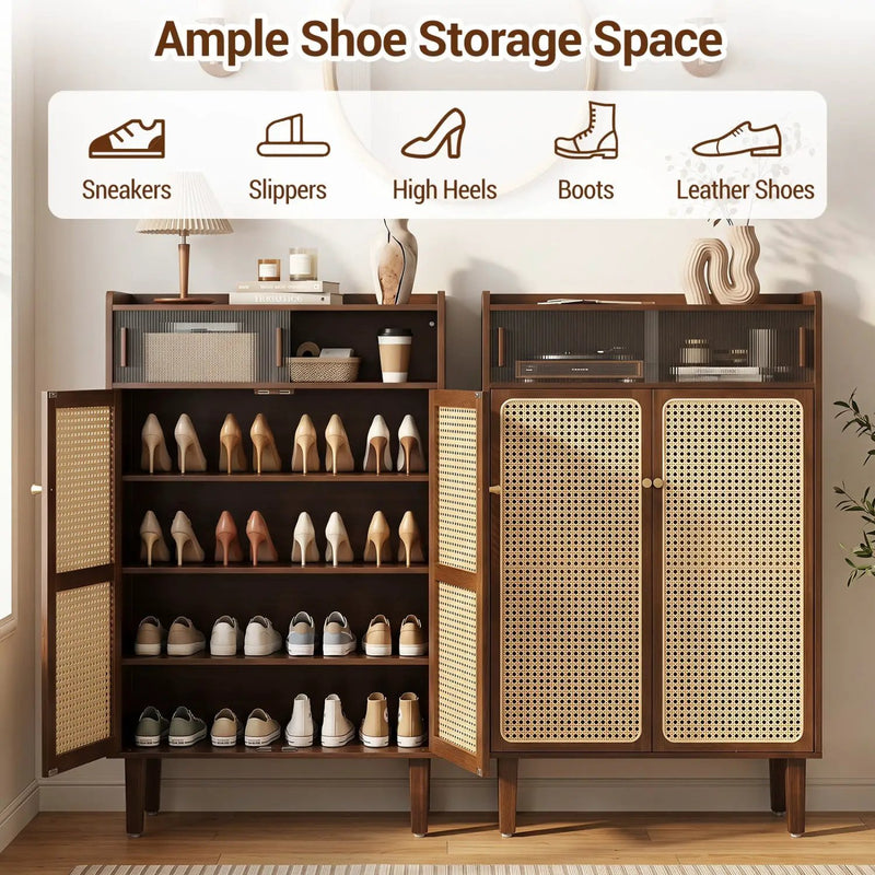 5-Tier Bamboo Shoe Cabinet with Woven Rattan Sliding Doors by DirectDeals