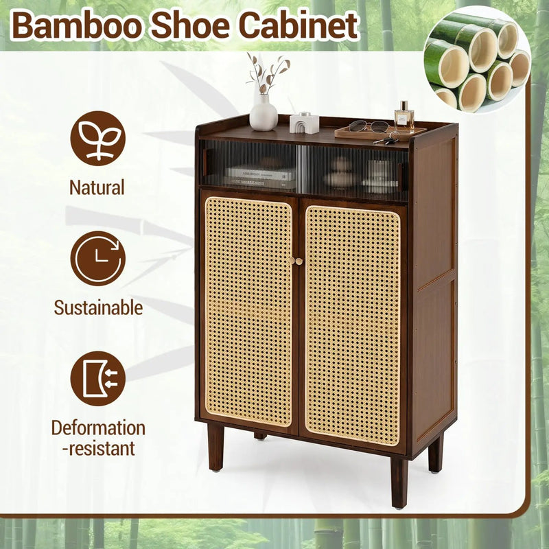 5-Tier Bamboo Shoe Cabinet with Woven Rattan Sliding Doors by DirectDeals