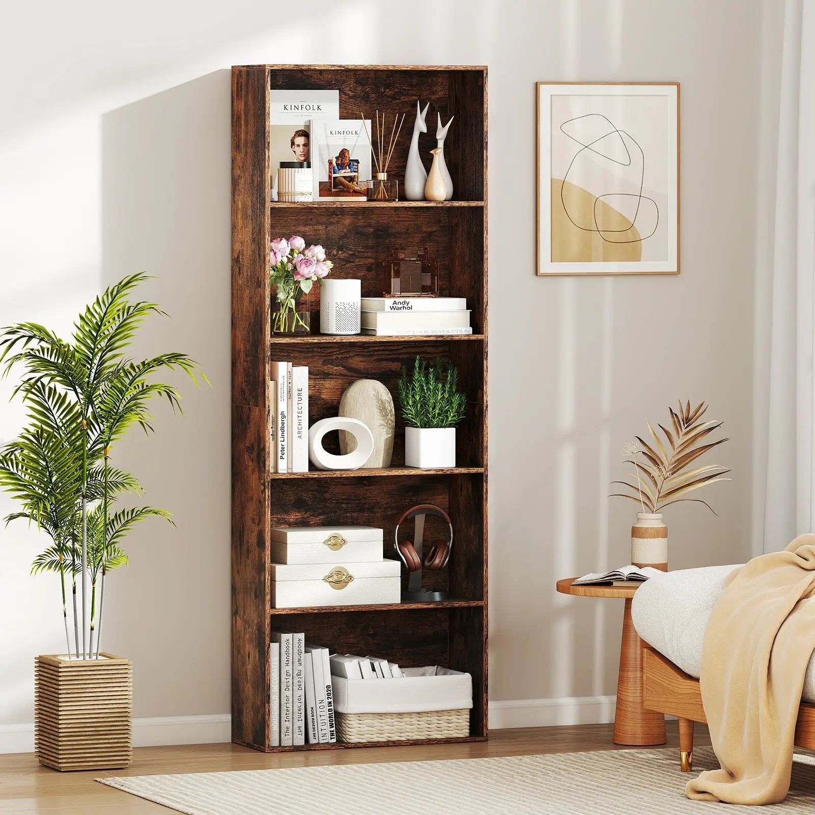 5-Tier Bookshelf Open Bookcase Freestanding Display Shelf Storage Organizer-Rustic Brown by DirectDeals