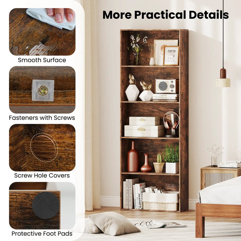 5-Tier Bookshelf Open Bookcase Freestanding Display Shelf Storage Organizer-Rustic Brown by DirectDeals