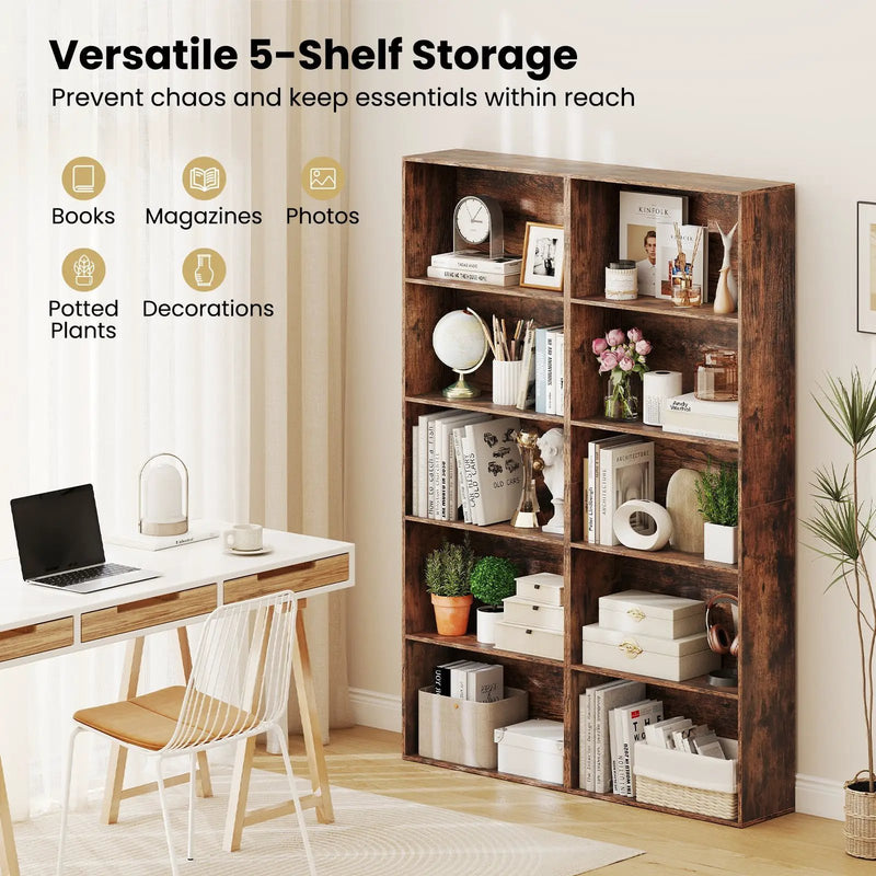 5-Tier Bookshelf Open Bookcase Freestanding Display Shelf Storage Organizer-Rustic Brown by DirectDeals
