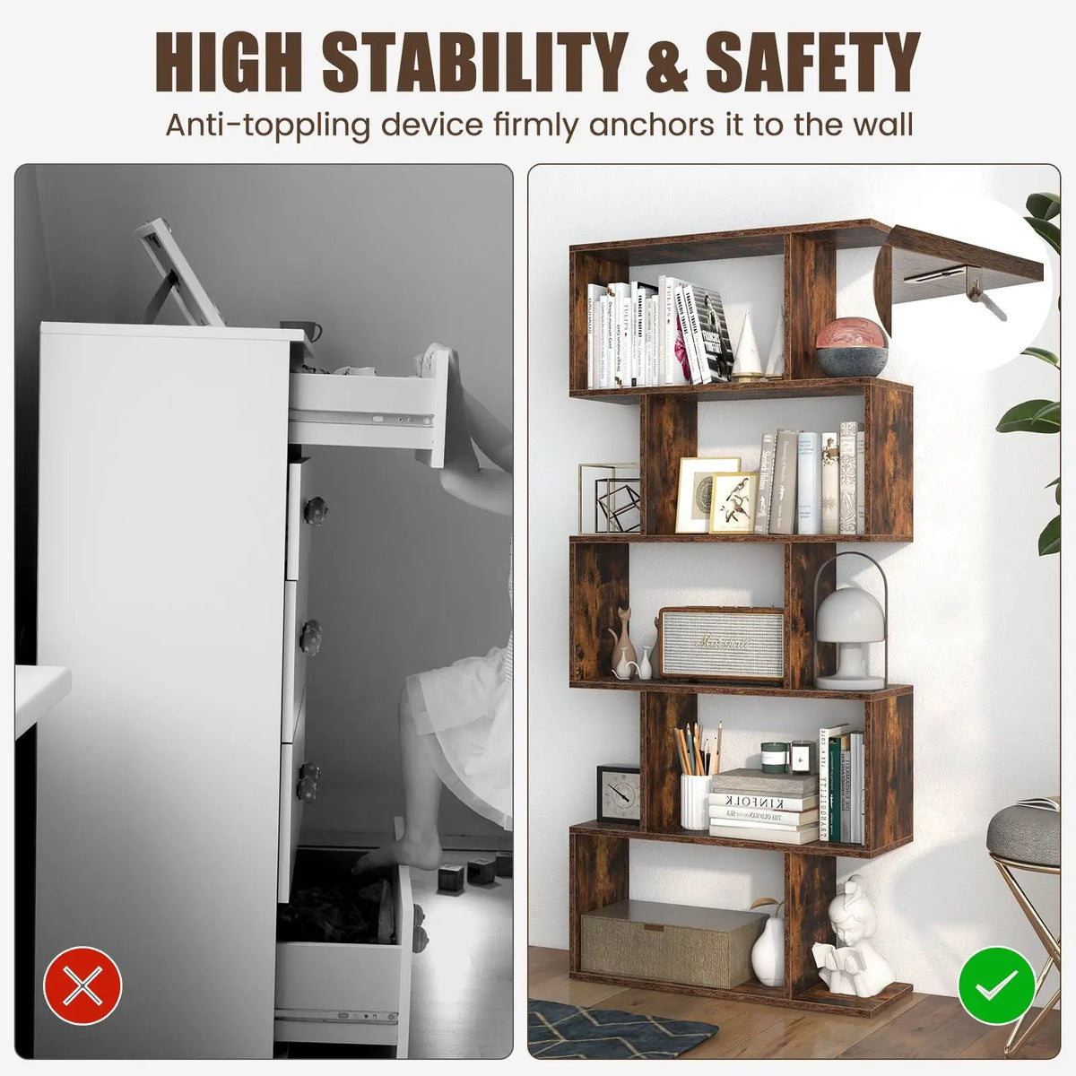 5-Tier Bookshelf with Anti-Toppling Device for Living Room Home Office, photo 7 of 10