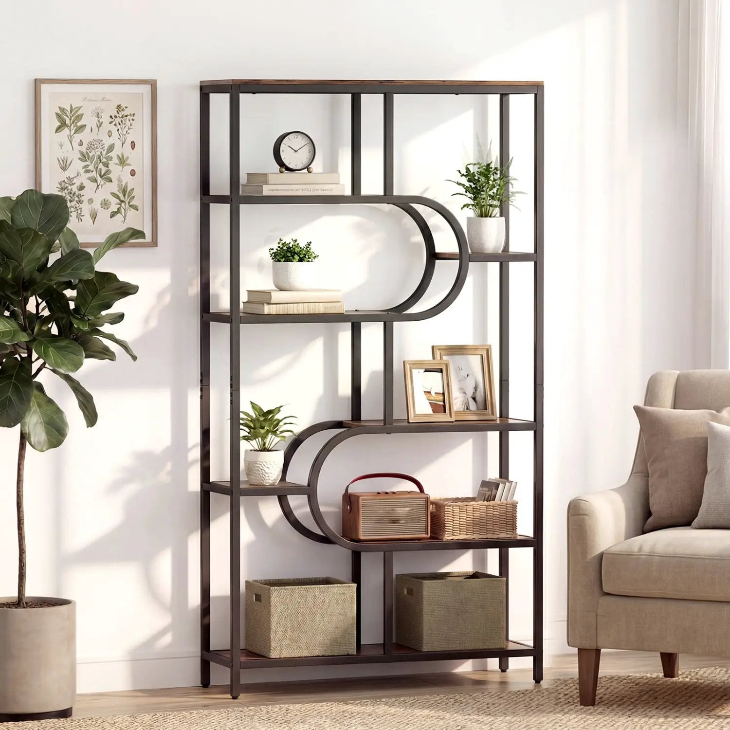 5-Tier Bookshelf Tall Etagere Bookcase with Open Storage Shelves and U Shape by DirectDeals