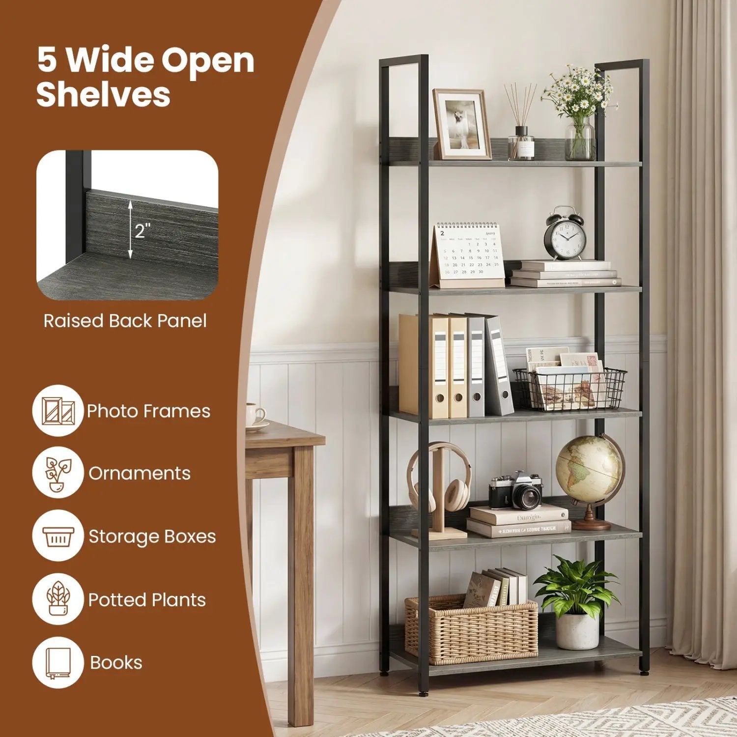 5-Tier Bookshelf Tall Wooden Open Bookcase with Back Panels by DirectDeals