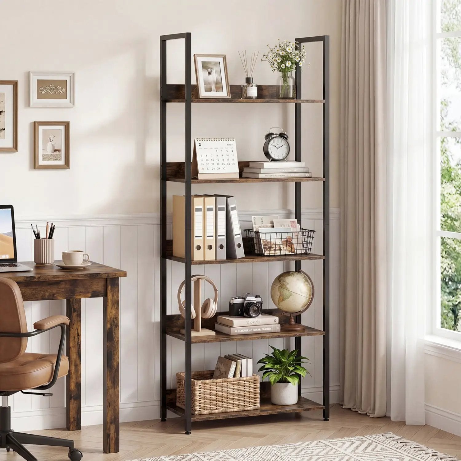 5-Tier Bookshelf Tall Wooden Open Bookcase with Back Panels by DirectDeals
