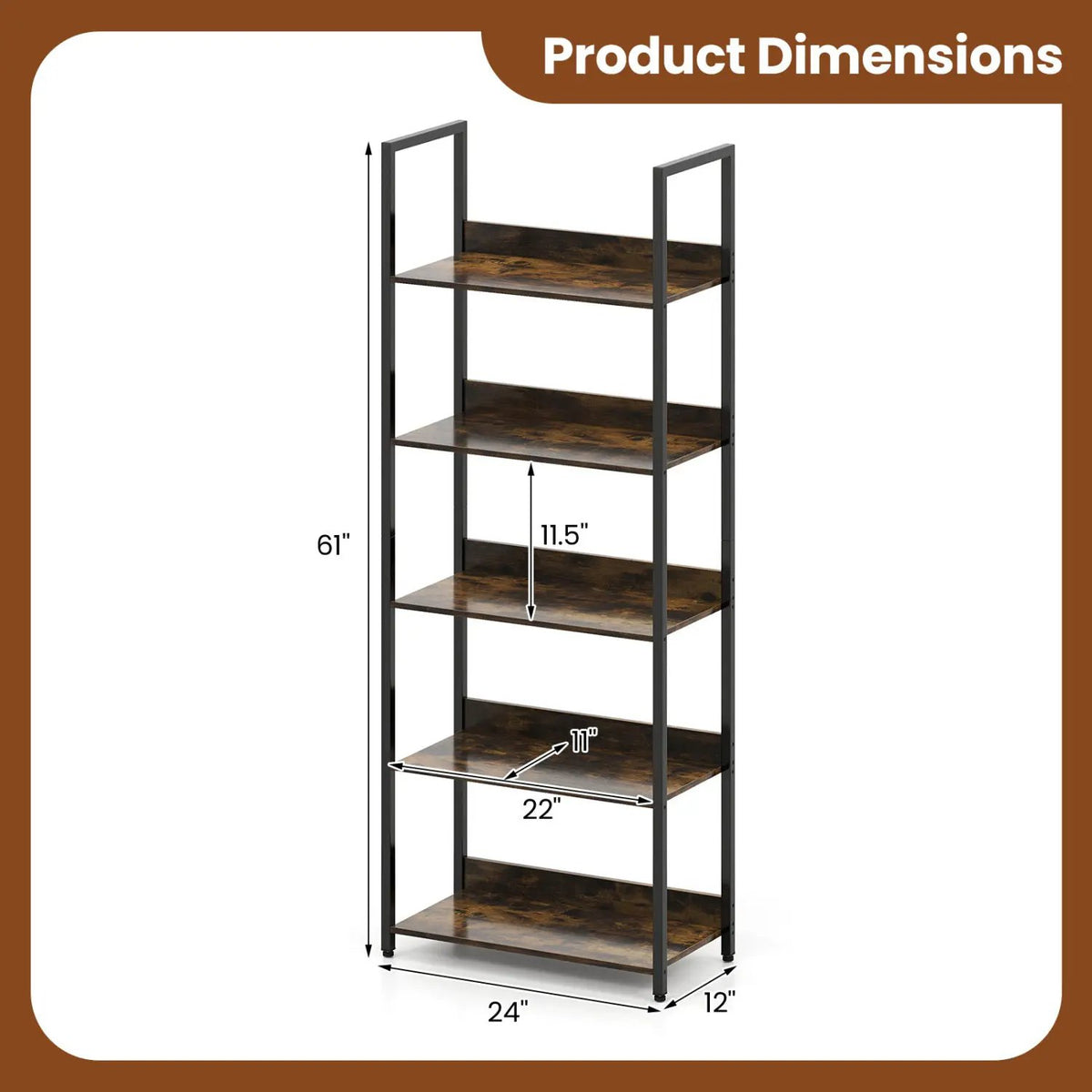 5-Tier Bookshelf Tall Wooden Open Bookcase with Back Panels, photo 12 of 16