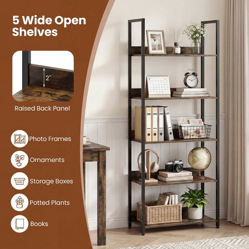 5-Tier Bookshelf Tall Wooden Open Bookcase with Back Panels by DirectDeals