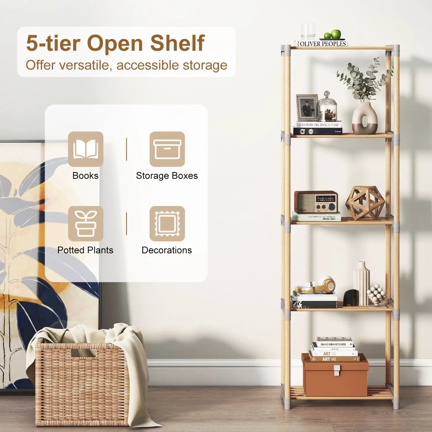 5-Tier Pine Wood Bookshelf with Open Shelves by DirectDeals
