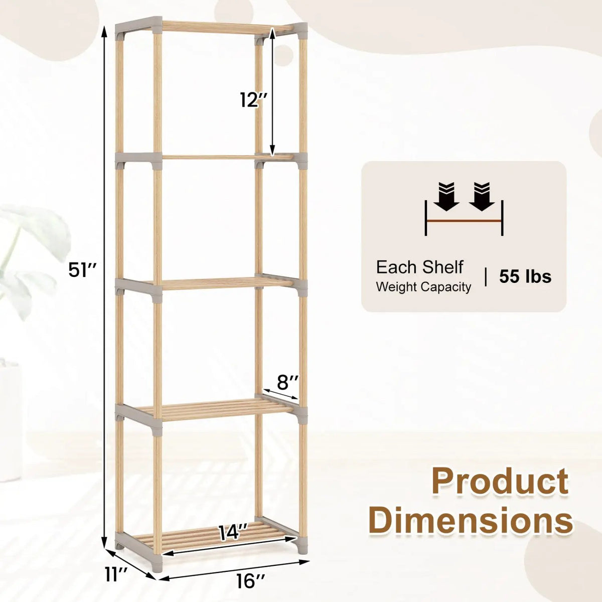 5-Tier Pine Wood Bookshelf with Open Shelves, photo 5 of 16