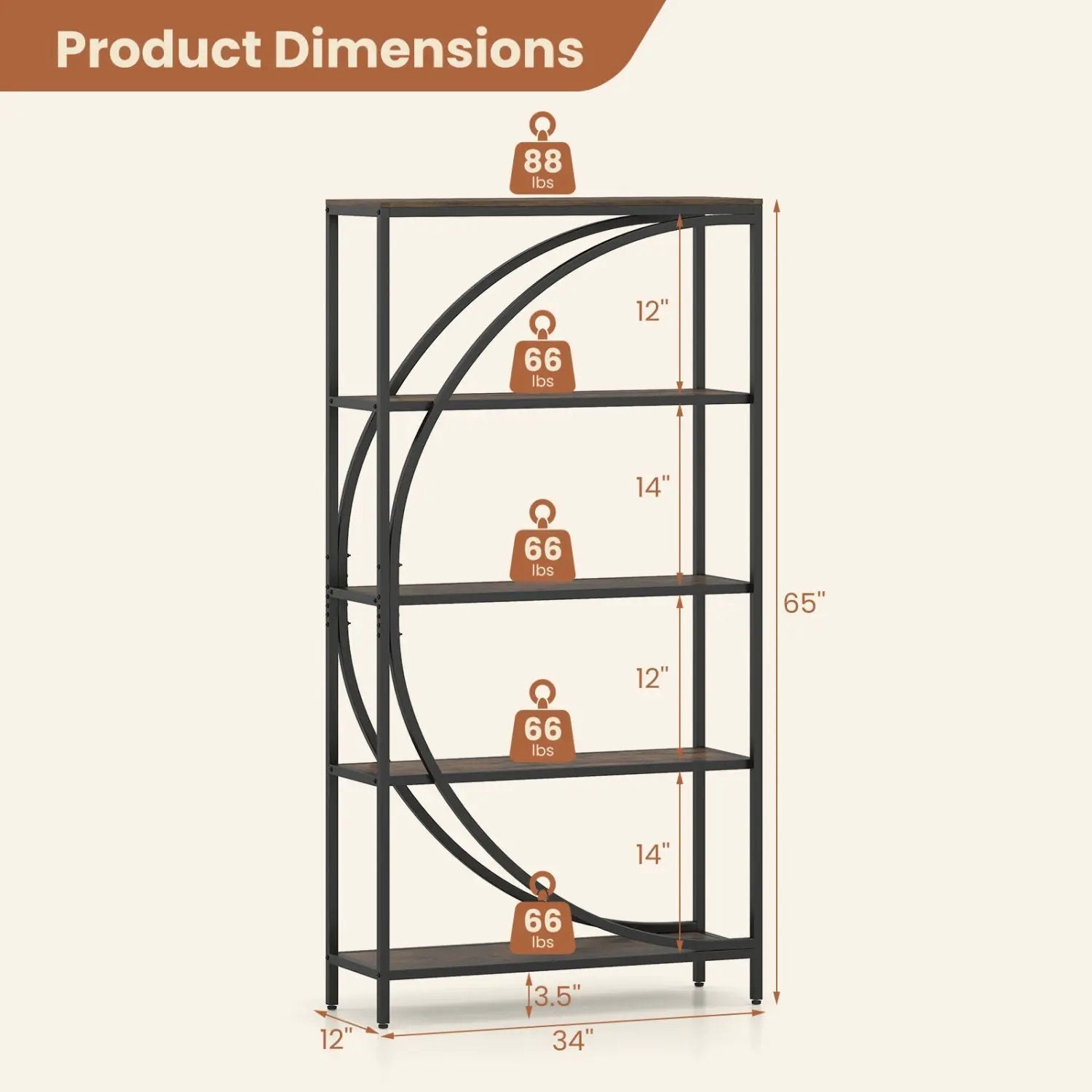 5-Tier Bookshelf with Half-Moon Shape for Living Room and Home Office by DirectDeals