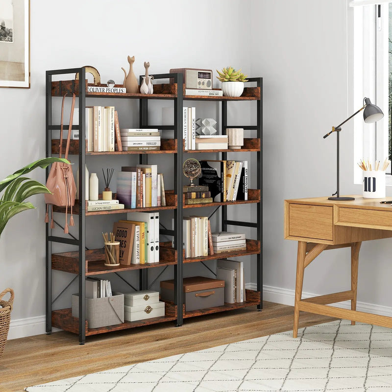 5-Tier Bookshelf with 4 Hooks Industrial Storage Bookcase-Rustic Brown by DirectDeals