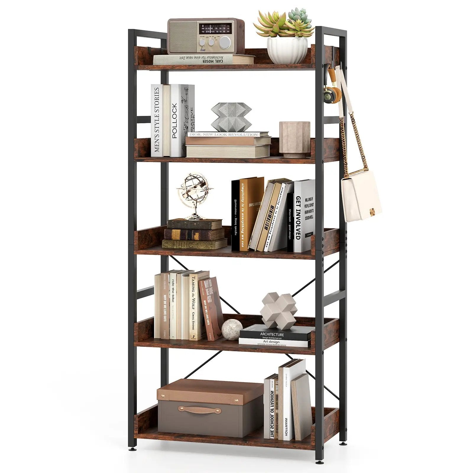 5-Tier Bookshelf with 4 Hooks Industrial Storage Bookcase-Rustic Brown by DirectDeals