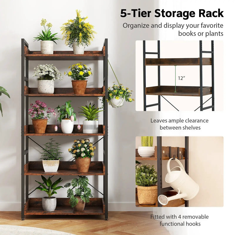 5-Tier Bookshelf with 4 Hooks Industrial Storage Bookcase-Rustic Brown by DirectDeals