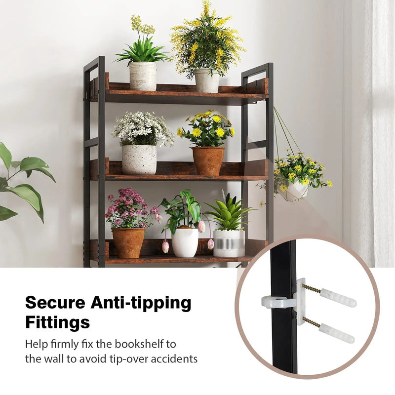 5-Tier Bookshelf with 4 Hooks Industrial Storage Bookcase-Rustic Brown by DirectDeals