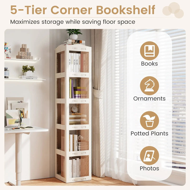 5-Tier Foldable Rotating Bookshelf 360¬∞ Spinning Bookcase with Swivel Base-White by DirectDeals